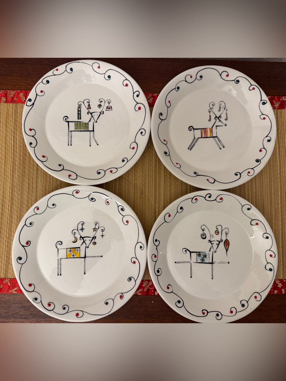 Sakura Vintage Holiday Reindeer Set Of 4 Plates Salad Dessert Hand Painted 8.5”